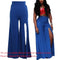 Women Pants Solid Color Side Split High Waist Wide Loose Flared Legs Baggy Casual Trousers Blue