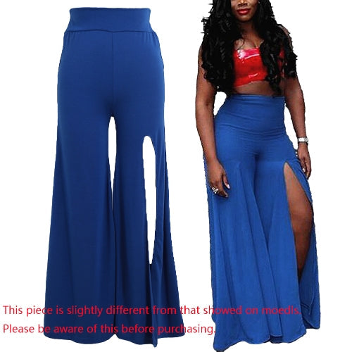 Women Pants Solid Color Side Split High Waist Wide Loose Flared Legs Baggy Casual Trousers Blue