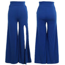 Women Pants Solid Color Side Split High Waist Wide Loose Flared Legs Baggy Casual Trousers Blue