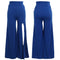 Women Pants Solid Color Side Split High Waist Wide Loose Flared Legs Baggy Casual Trousers Blue