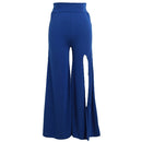 Women Pants Solid Color Side Split High Waist Wide Loose Flared Legs Baggy Casual Trousers Blue