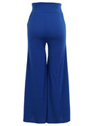 Women Pants Solid Color Side Split High Waist Wide Loose Flared Legs Baggy Casual Trousers Blue