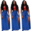 Women Pants Solid Color Side Split High Waist Wide Loose Flared Legs Baggy Casual Trousers Blue