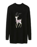 Christmas Women Knitted Pullovers Sweater Reindeer Embroidered Ribbed Raglan Long Sleeve Casual Knit Top