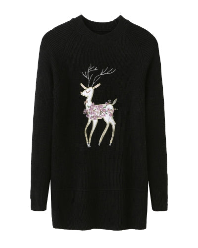 Christmas Women Knitted Pullovers Sweater Reindeer Embroidered Ribbed Raglan Long Sleeve Casual Knit Top