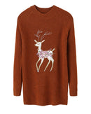 Christmas Women Knitted Pullovers Sweater Reindeer Embroidered Ribbed Raglan Long Sleeve Casual Knit Top