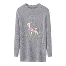 Christmas Women Knitted Pullovers Sweater Reindeer Embroidered Ribbed Raglan Long Sleeve Casual Knit Top