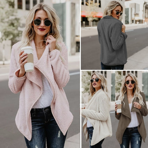 Women Faux Fur Fleece Coat Fluffy Solid Open Front Waterfall Drape Long Sleeve Casual Warm Outerwear Jacket