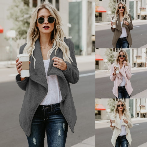 Women Faux Fur Fleece Coat Fluffy Solid Open Front Waterfall Drape Long Sleeve Casual Warm Outerwear Jacket