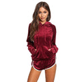 Women Velvet Tracksuit Set Long Sleeve Hoodie Sweat Suits Drawstring Sweatshirt Shorts Two Piece