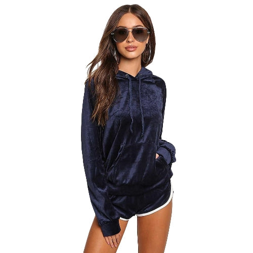 Women Velvet Tracksuit Set Long Sleeve Hoodie Sweat Suits Drawstring Sweatshirt Shorts Two Piece