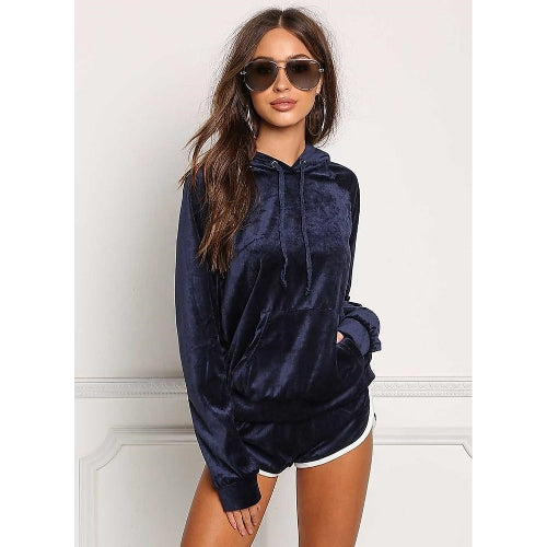 Women Velvet Tracksuit Set Long Sleeve Hoodie Sweat Suits Drawstring Sweatshirt Shorts Two Piece