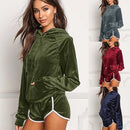 Women Velvet Tracksuit Set Long Sleeve Hoodie Sweat Suits Drawstring Sweatshirt Shorts Two Piece