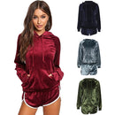 Women Velvet Tracksuit Set Long Sleeve Hoodie Sweat Suits Drawstring Sweatshirt Shorts Two Piece