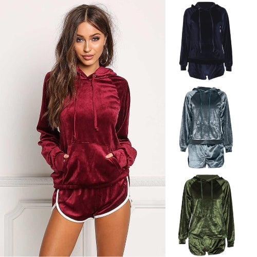 Women Velvet Tracksuit Set Long Sleeve Hoodie Sweat Suits Drawstring Sweatshirt Shorts Two Piece