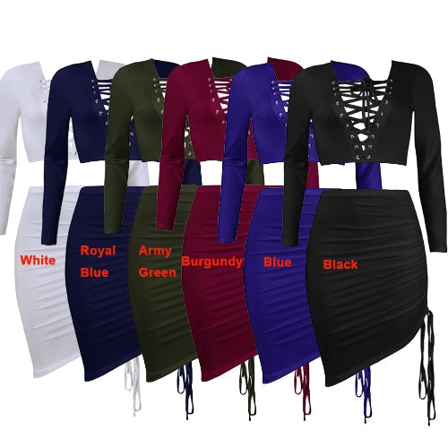 Sexy Women Two-piece Set Deep V Neck Crop Top Long Sleeve Bandage Asymmetric Bodycon Skirt Suits Party Clubwear