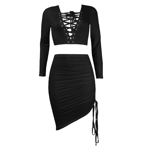 Sexy Women Two-piece Set Deep V Neck Crop Top Long Sleeve Bandage Asymmetric Bodycon Skirt Suits Party Clubwear