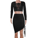 Sexy Women Two-piece Set Deep V Neck Crop Top Long Sleeve Bandage Asymmetric Bodycon Skirt Suits Party Clubwear