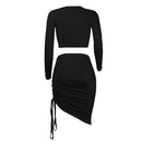 Sexy Women Two-piece Set Deep V Neck Crop Top Long Sleeve Bandage Asymmetric Bodycon Skirt Suits Party Clubwear