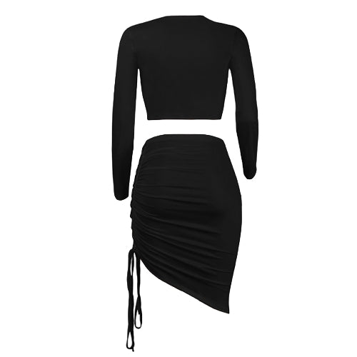 Sexy Women Two-piece Set Deep V Neck Crop Top Long Sleeve Bandage Asymmetric Bodycon Skirt Suits Party Clubwear