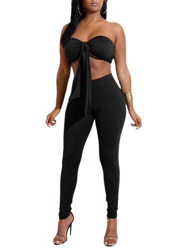 Sexy Women Two-piece Set Strapless Crop Top Bandage Bodycon Long Pants Solid Slim Party Club Suits