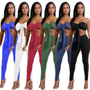 Sexy Women Two-piece Set Strapless Crop Top Bandage Bodycon Long Pants Solid Slim Party Club Suits