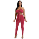 Sexy Women Two-piece Set Strapless Crop Top Bandage Bodycon Long Pants Solid Slim Party Club Suits