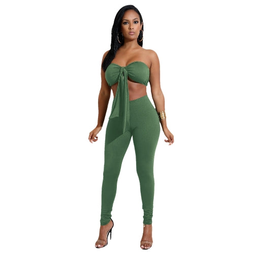 Sexy Women Two-piece Set Strapless Crop Top Bandage Bodycon Long Pants Solid Slim Party Club Suits