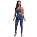 Sexy Women Two-piece Set Strapless Crop Top Bandage Bodycon Long Pants Solid Slim Party Club Suits