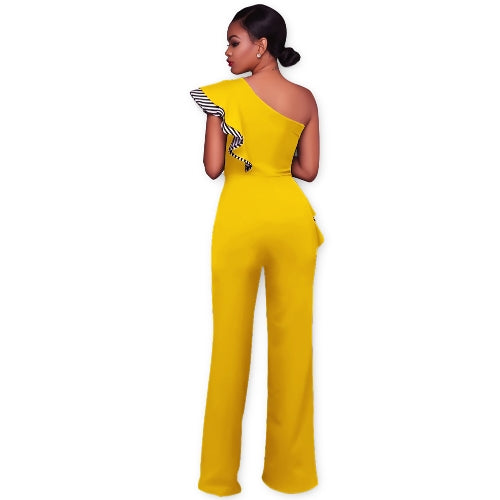 Sexy Women Jumpsuit One-Shoulder Ruffles Sleeveless Wide Legs Elegant Casual Romper