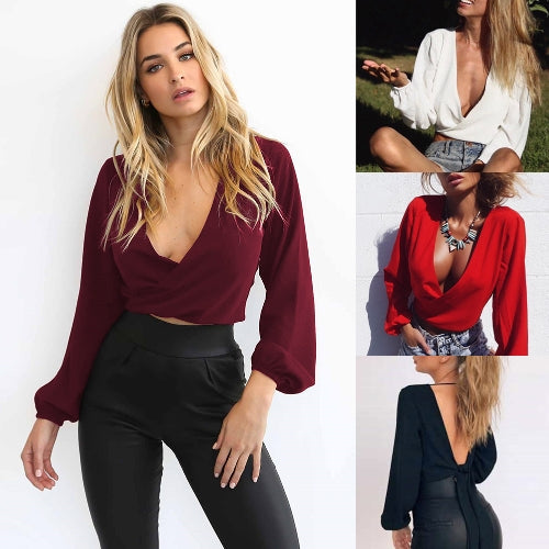 Sexy Women Blouse Long Sleeves V-Neck Bandage Solid Casual Elegant Crop Top Shirt