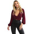 Sexy Women Blouse Long Sleeves V-Neck Bandage Solid Casual Elegant Crop Top Shirt