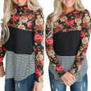 Fashion Women Blouse Floral Striped Print Long Sleeve O-Neck Casual Slim T-Shirt Tops Shirts Black