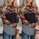 Fashion Women Blouse Floral Striped Print Long Sleeve O-Neck Casual Slim T-Shirt Tops Shirts Black