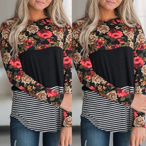 Fashion Women Blouse Floral Striped Print Long Sleeve O-Neck Casual Slim T-Shirt Tops Shirts Black