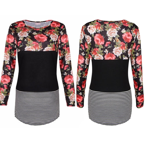 Fashion Women Blouse Floral Striped Print Long Sleeve O-Neck Casual Slim T-Shirt Tops Shirts Black