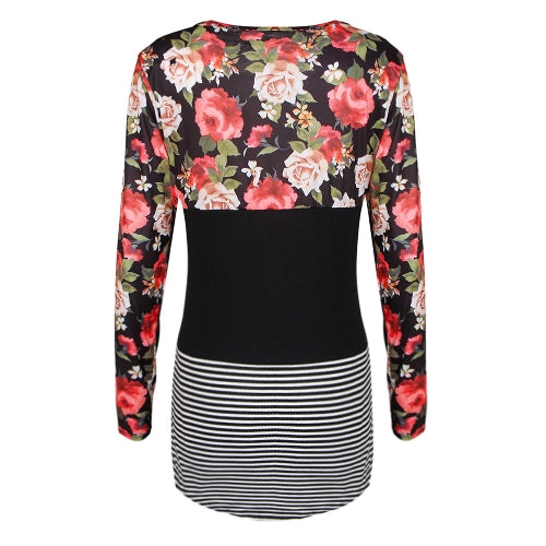 Fashion Women Blouse Floral Striped Print Long Sleeve O-Neck Casual Slim T-Shirt Tops Shirts Black