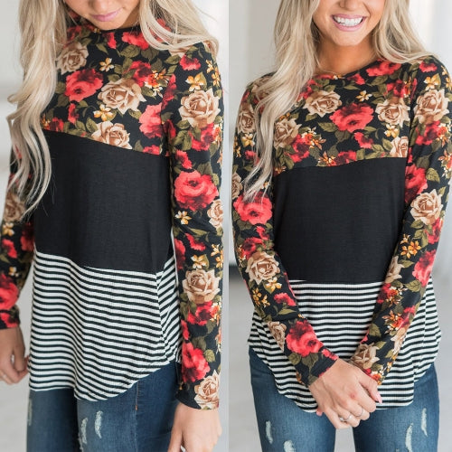 Fashion Women Blouse Floral Striped Print Long Sleeve O-Neck Casual Slim T-Shirt Tops Shirts Black