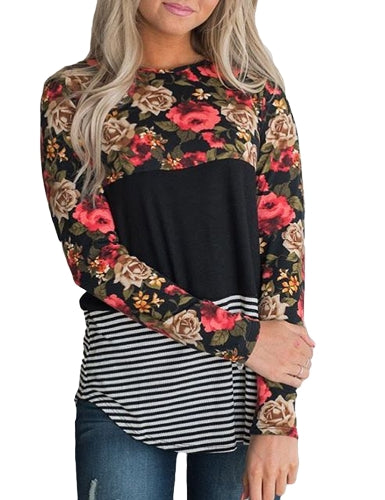 Fashion Women Blouse Floral Striped Print Long Sleeve O-Neck Casual Slim T-Shirt Tops Shirts Black