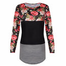 Fashion Women Blouse Floral Striped Print Long Sleeve O-Neck Casual Slim T-Shirt Tops Shirts Black