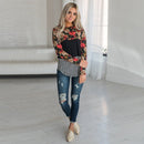 Fashion Women Blouse Floral Striped Print Long Sleeve O-Neck Casual Slim T-Shirt Tops Shirts Black