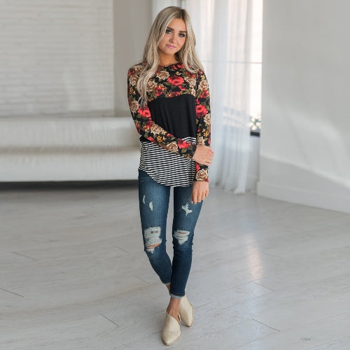 Fashion Women Blouse Floral Striped Print Long Sleeve O-Neck Casual Slim T-Shirt Tops Shirts Black