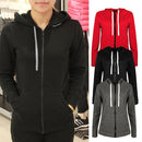 Fashion Women Hoodies Sweatshirt Coat Solid Long Sleeve Pocket Zip UP Hooded Outerwear Jacket Black/Red/Dark Grey