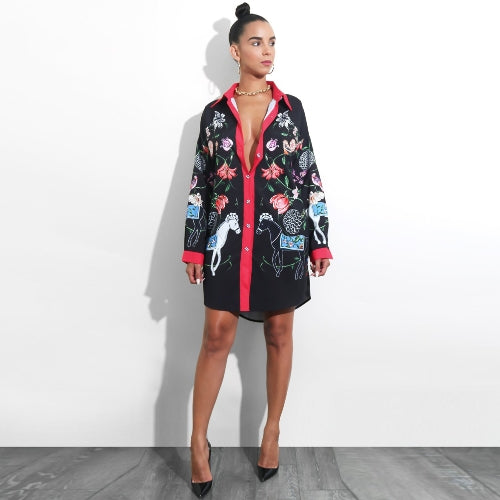 New Autumn Women Casual Floral Print Shirt Dress Buttons Long Sleeve Tunic Vintage Boho Beach Party Dress