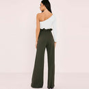 New Women High Waist Pants Belt Ruffle Zip Solid Color Wide Leg Trousers Elegant Long Pant