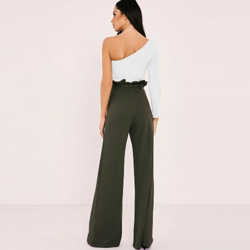 New Women High Waist Pants Belt Ruffle Zip Solid Color Wide Leg Trousers Elegant Long Pant