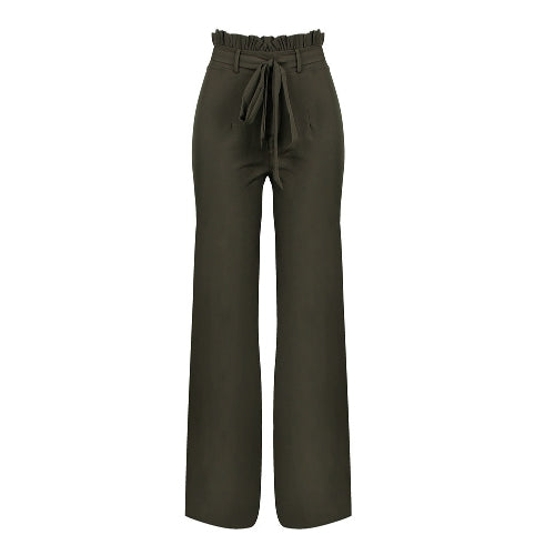 New Women High Waist Pants Belt Ruffle Zip Solid Color Wide Leg Trousers Elegant Long Pant