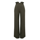 New Women High Waist Pants Belt Ruffle Zip Solid Color Wide Leg Trousers Elegant Long Pant