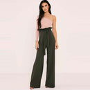 New Women High Waist Pants Belt Ruffle Zip Solid Color Wide Leg Trousers Elegant Long Pant