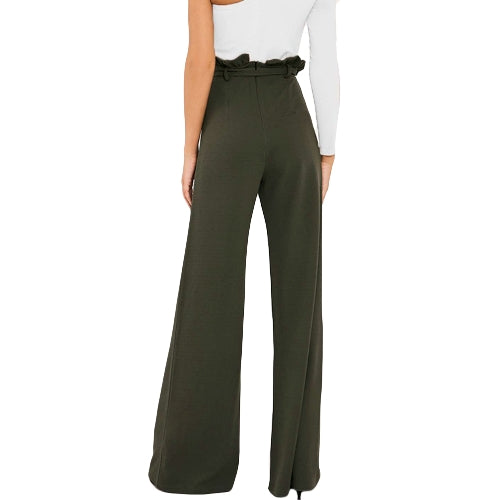 New Women High Waist Pants Belt Ruffle Zip Solid Color Wide Leg Trousers Elegant Long Pant